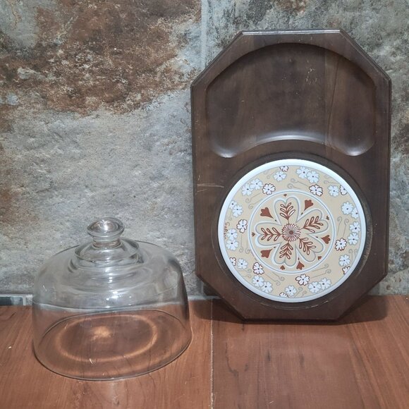 Vintage Cheese and Cracker Platter Tray Ceramic Tile Glass Dome Himark 1982 - Picture 3 of 14